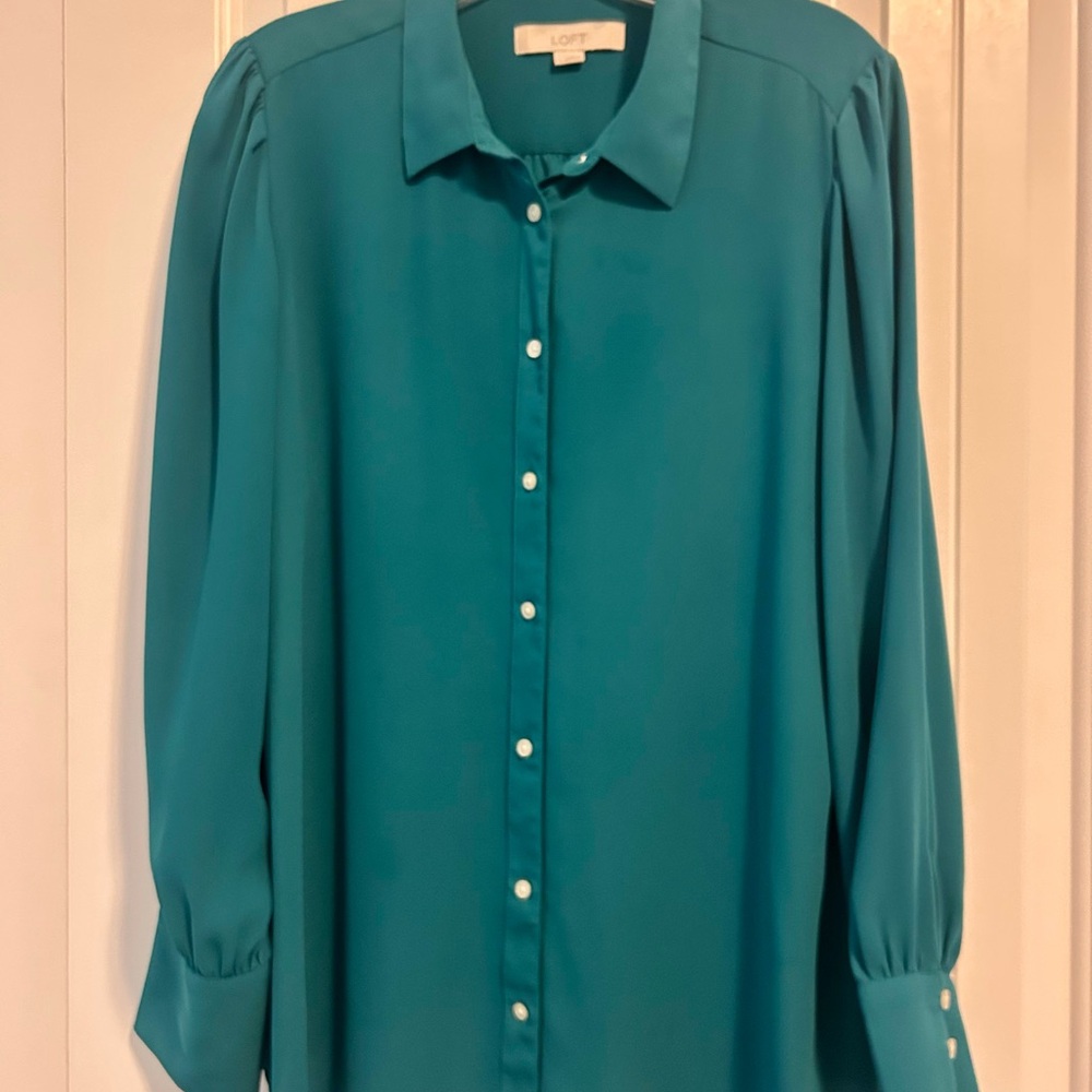 LOFT Teal Green Button Down Shirt Large Cuff Women’s L